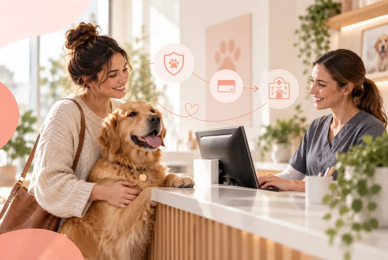 Owner and dog at a veterinary reception desk